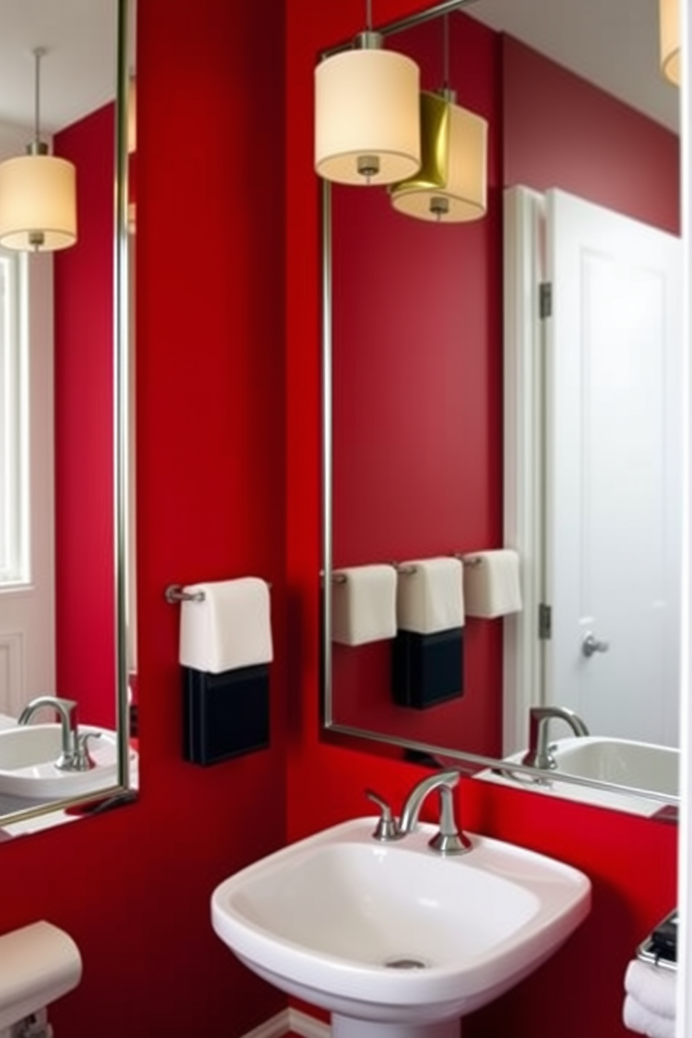 A contemporary red powder room features sleek red light fixtures that create a warm and inviting ambiance. The walls are adorned with a subtle textured wallpaper, and a modern pedestal sink complements the overall design.