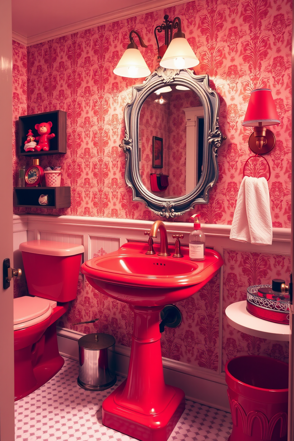 A striking powder room featuring bold red flooring that commands attention. The walls are adorned with contrasting colors to enhance the vibrant atmosphere, creating a dynamic and inviting space. Elegant fixtures complement the red tones, with a sleek white vanity that provides a modern touch. Accents of gold in the lighting and accessories add a touch of luxury to this captivating design.