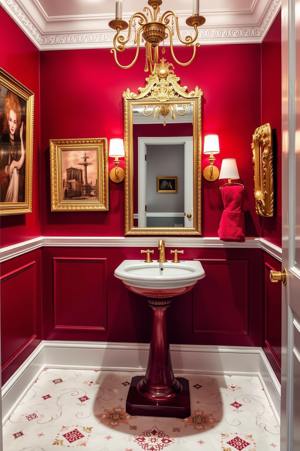 An elegant powder room features striking gold fixtures that beautifully contrast with rich red accents throughout the space. The walls are adorned with a deep crimson hue, while a chic pedestal sink showcases a stunning gold faucet, creating a luxurious focal point.