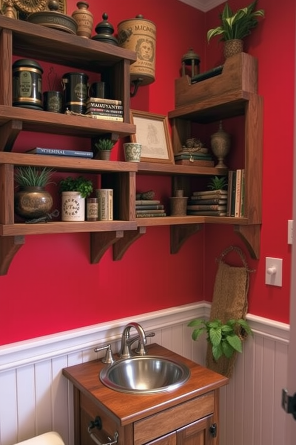 A rustic red barn door adds charm to a cozy powder room. The space features a vintage pedestal sink with a decorative mirror above, complemented by warm wood accents and soft lighting.