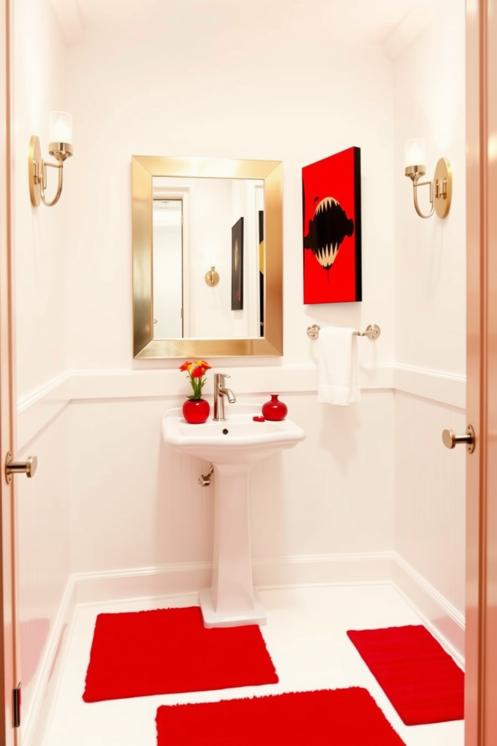 A vibrant red powder room features bold red towels and accessories that create a striking contrast against the soft white walls. The space includes a chic pedestal sink with a sleek chrome faucet and a decorative mirror framed in gold, enhancing the luxurious feel of the room.