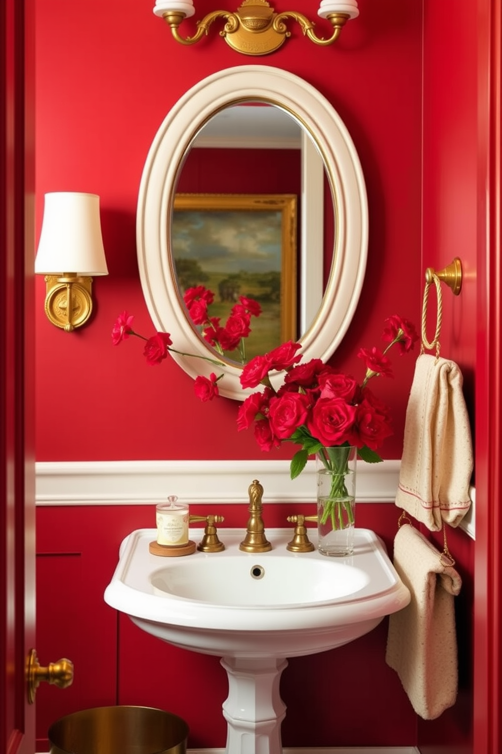 A luxurious powder room featuring a striking red and grey color palette. The walls are adorned with a rich deep red wallpaper, while the cabinetry is a sleek grey with polished chrome fixtures. A modern freestanding sink takes center stage, complemented by a stylish mirror framed in brushed silver. Elegant pendant lighting hangs above, casting a warm glow on a plush grey rug that anchors the space.