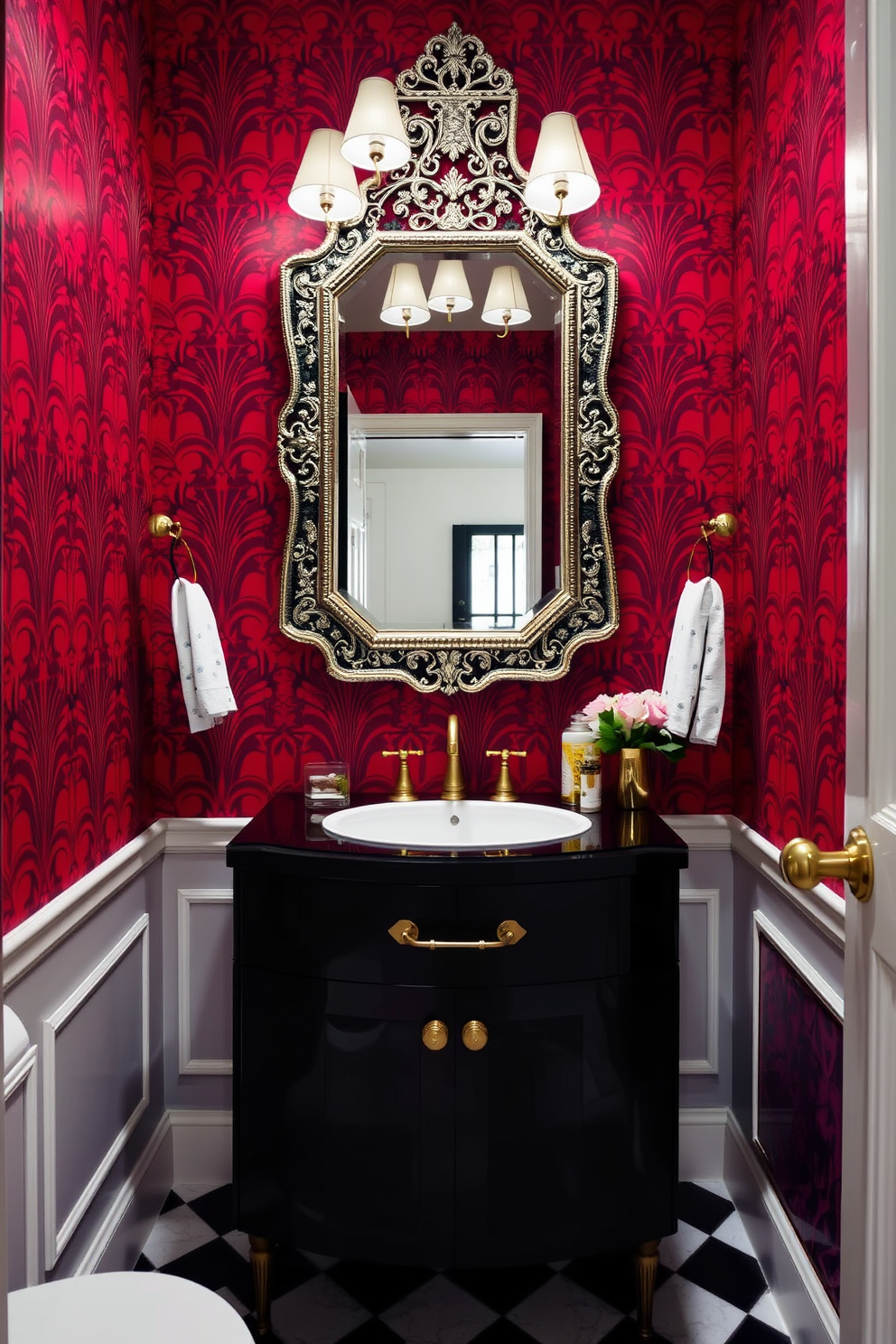 A stylish red shelving unit stands against the wall, showcasing an array of decorative items and books. The vibrant red color adds a bold contrast to the neutral tones of the surrounding decor. In the red powder room, a sleek pedestal sink complements the chic design. Bold wallpaper with a subtle pattern enhances the space while maintaining an elegant atmosphere.