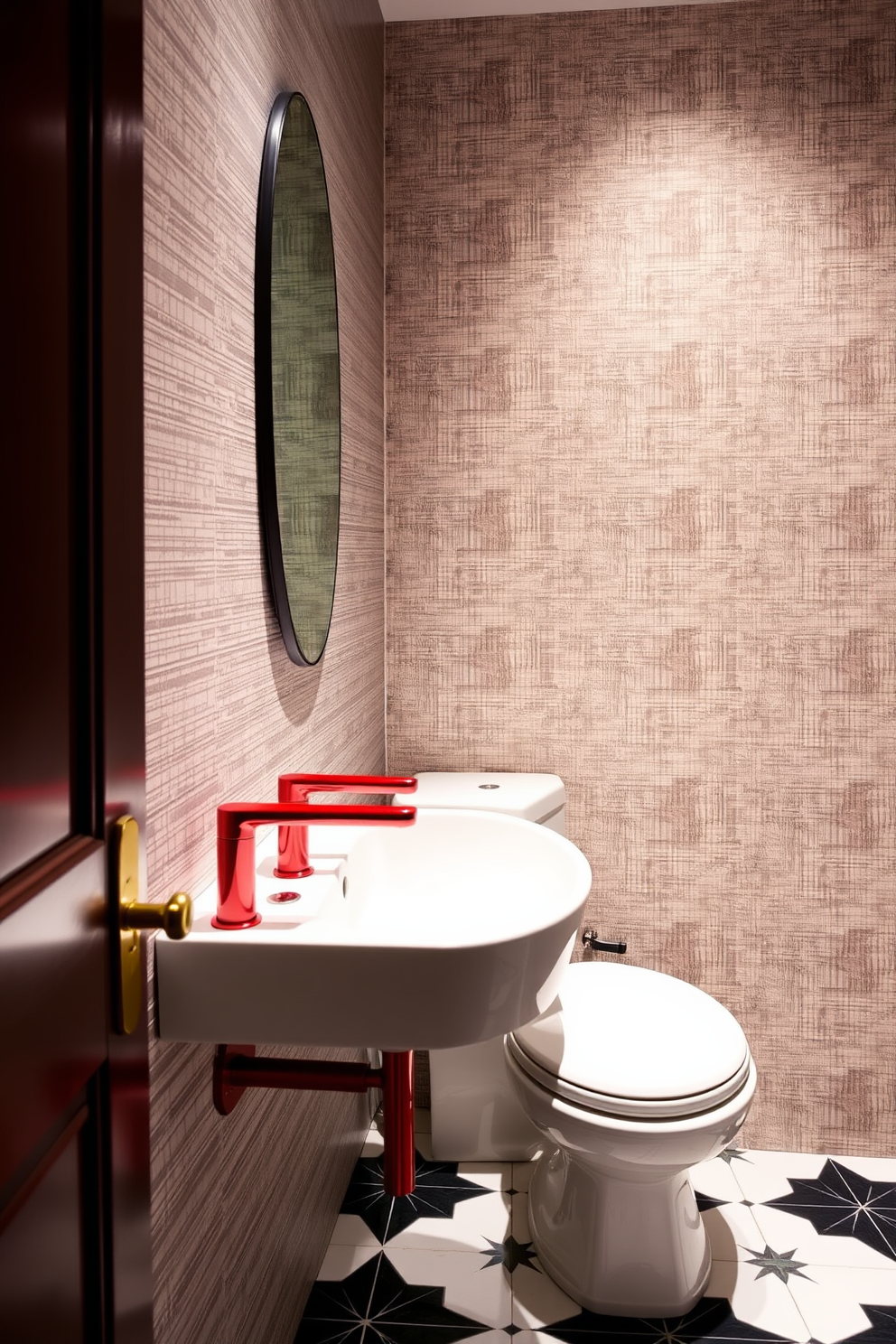 A vibrant red bathroom rug is placed in front of a sleek white vanity, enhancing the comfort and warmth of the space. The powder room features bold red accents, with elegant fixtures and a stylish mirror that reflects the chic design. The walls are adorned with soft white paneling, creating a striking contrast with the red elements throughout. Decorative touches include a small potted plant and luxurious hand towels, adding a touch of sophistication to the overall design.