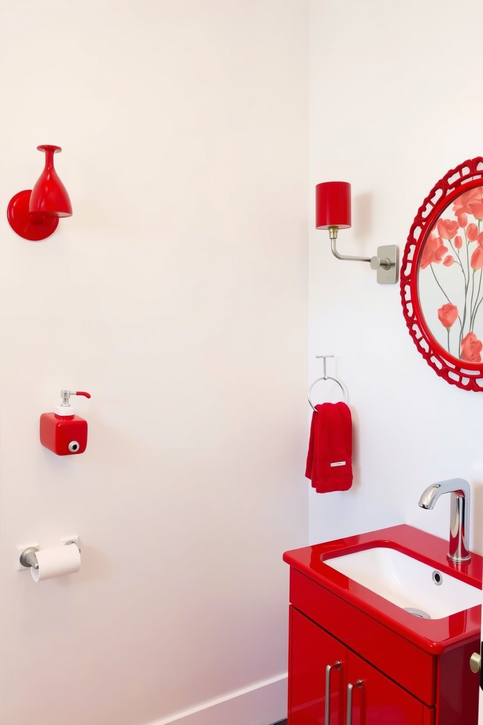 A striking red artwork serves as the focal point in a chic powder room. The walls are painted in a soft white hue, enhancing the vibrancy of the artwork while a sleek black vanity with a modern sink complements the space. The room features elegant gold accents, including a stylish mirror and fixtures. A plush red rug adds warmth underfoot, tying the design together with a touch of luxury.