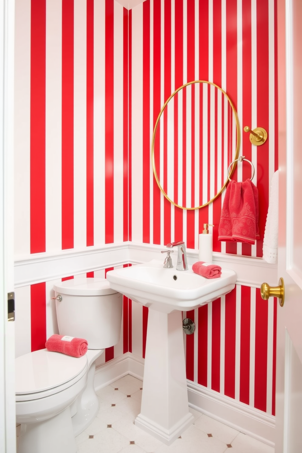 A chic powder room featuring subtle red accents against a backdrop of neutral tones. The walls are painted in a soft beige, while a bold red accent wall adds depth and warmth to the space. A sleek white vanity with gold hardware complements the design, topped with a round mirror that reflects the elegant fixtures. Decorative elements like a red vase and matching hand towels enhance the cohesive color palette, creating a stylish yet inviting atmosphere.