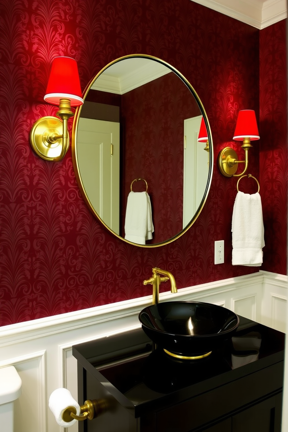 Elegant red sconces provide soft lighting that enhances the ambiance of the powder room. The walls are adorned with rich red paint, creating a warm and inviting atmosphere. A stylish vanity with a sleek white countertop complements the bold color scheme. Decorative accents such as gold fixtures and a large round mirror add a touch of sophistication to the design.