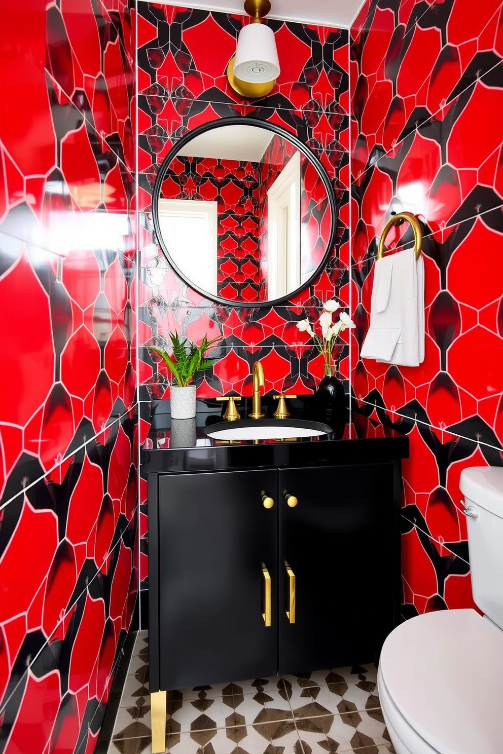 Chic red vanity with a polished marble top serves as the centerpiece of the room. The walls are adorned with elegant wallpaper featuring subtle gold accents, creating a luxurious atmosphere. A stylish round mirror with a gold frame hangs above the vanity, reflecting the vibrant red tones. Soft white lighting illuminates the space, enhancing the rich colors and textures of the design.