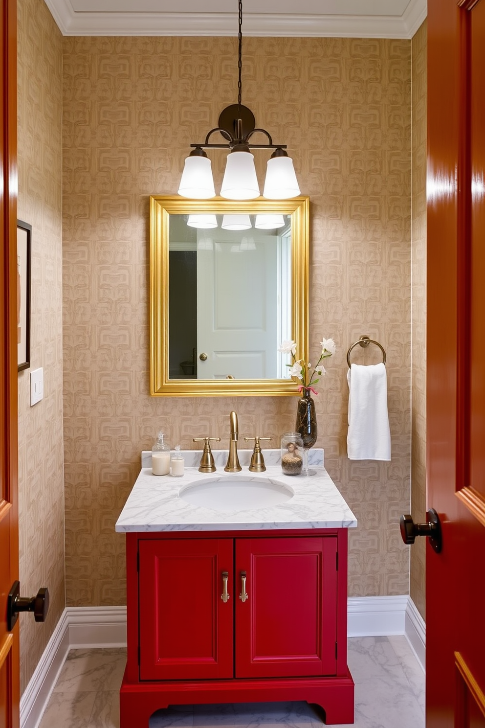 A modern powder room featuring vibrant red tiles arranged in geometric patterns. The walls are adorned with sleek white fixtures, and a stylish mirror reflects the bold design elements.