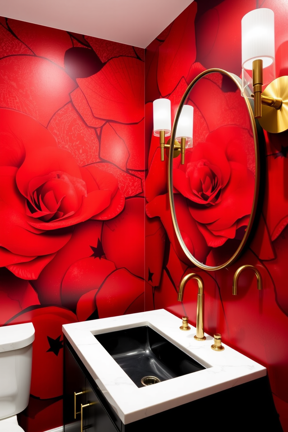 A vintage red sink is the focal point of the powder room, complemented by an ornate antique mirror above it. The walls are adorned with rich wallpaper featuring floral patterns, and the floor is finished with classic black and white tiles.