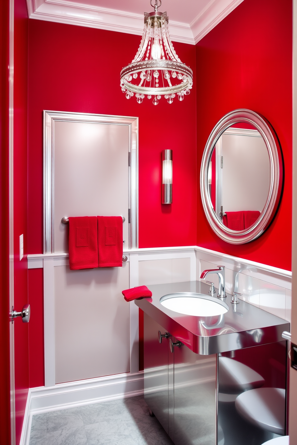 A striking powder room featuring deep red paint with a matte finish that envelops the walls, creating an intimate and bold atmosphere. The space includes a sleek black pedestal sink paired with a vintage gold-framed mirror that enhances the room's luxurious feel. To complement the rich red tones, a chic wall-mounted light fixture casts a warm glow, illuminating the space beautifully. Elegant accessories, such as a plush white towel and a small decorative plant, add a touch of softness and balance to the design.