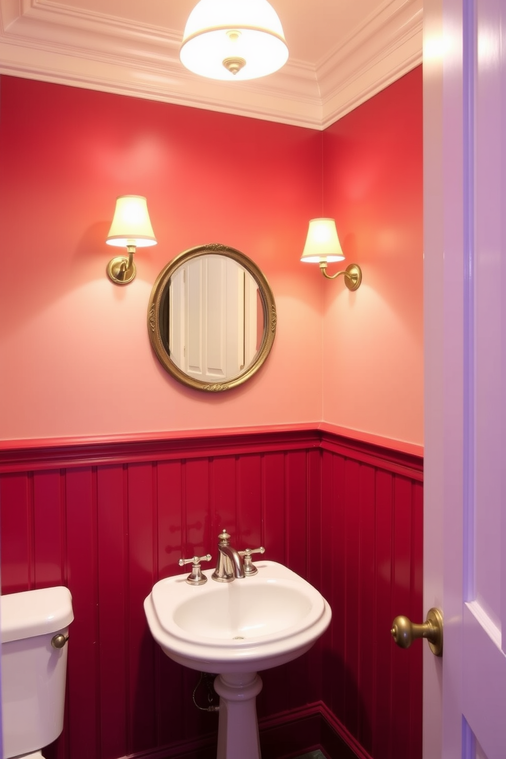 A vibrant powder room featuring bright red accessories that create a striking contrast. The walls are painted in a soft white, allowing the bold red accents to stand out beautifully. A sleek red vanity with a polished chrome faucet sits against the wall. Above it, a round mirror with a thin red border reflects the playful decor around the room.