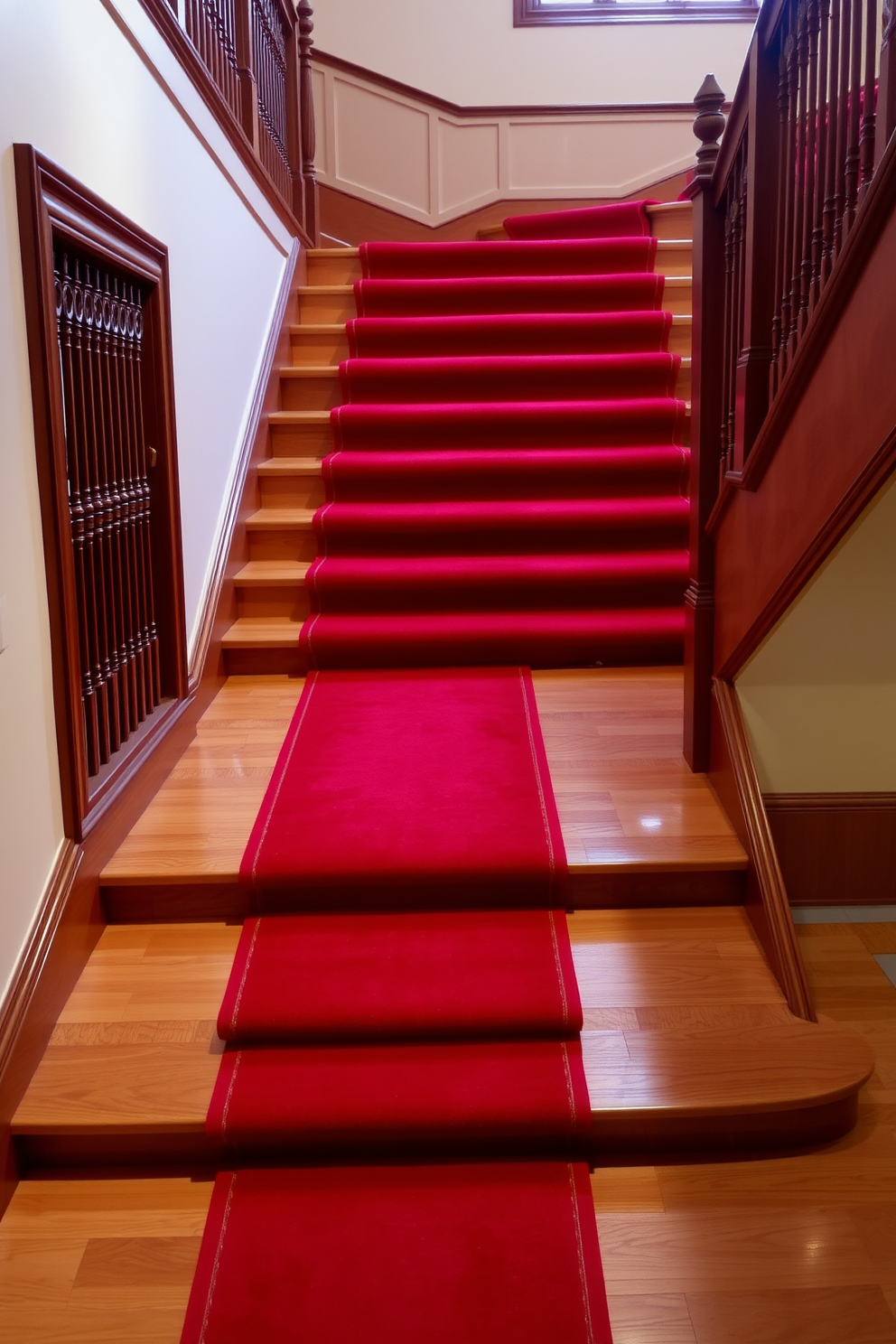 An elegant red carpet runner gracefully adorns the staircase, creating a striking contrast against the polished wooden steps. The rich hue of the carpet enhances the overall sophistication of the space, drawing attention to the architectural details of the staircase. The red staircase design features intricate balustrades that complement the luxurious feel of the carpet. Soft lighting illuminates the runner, casting a warm glow that invites guests to ascend with style.