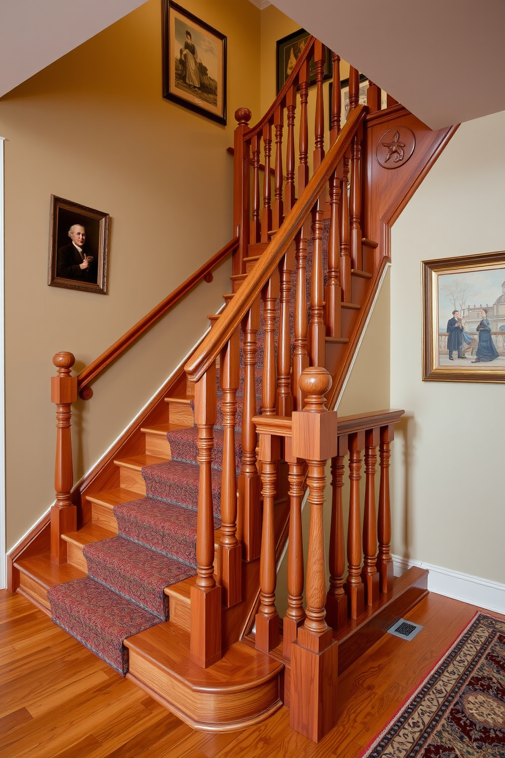 A luxurious staircase featuring a bold red carpet runner that gracefully flows down the steps. The banister is adorned with intricate gold accents, enhancing the opulent atmosphere of the space. The walls flanking the staircase are painted in a rich cream color to complement the red and gold theme. Elegant sconces provide soft lighting, casting a warm glow that highlights the luxurious details of the design.