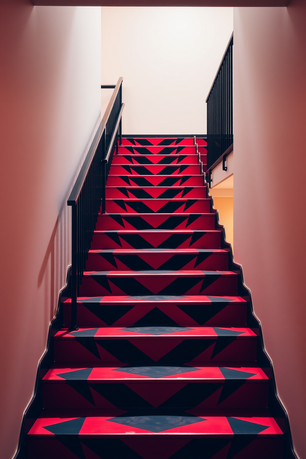 An industrial-style staircase features exposed metal beams and red accents that create a bold statement in the space. The risers are crafted from reclaimed wood, adding warmth and texture against the sleek metal framework. The staircase is illuminated by pendant lights with an industrial design, casting a warm glow on the rich red hues. A minimalist railing complements the overall aesthetic, enhancing the staircase's modern yet rustic charm.