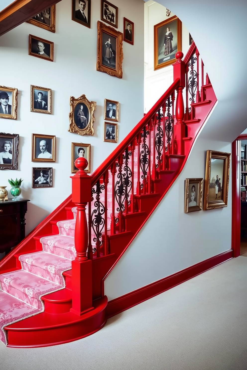 A bright red staircase with vintage accents draws attention as the centerpiece of the home. The staircase features ornate wooden banisters and intricate wrought iron details that enhance its classic charm. Surrounding the staircase, the walls are adorned with vintage photographs in ornate frames. A plush runner in a complementary color adds warmth and texture to the bold staircase design.