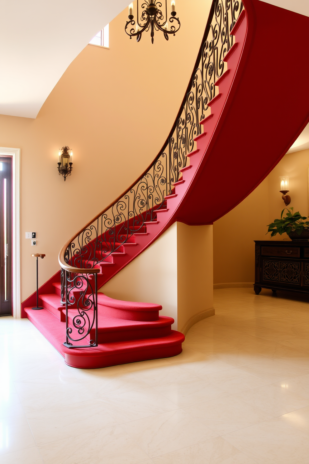 A stunning red staircase features elegant wrought iron details that enhance its grandeur. The rich red hue of the staircase contrasts beautifully with the surrounding neutral walls, creating a striking focal point in the entryway. The intricate wrought iron railing adds an artistic touch, showcasing craftsmanship and style. Soft lighting illuminates the staircase, highlighting its curves and inviting a sense of warmth and sophistication.