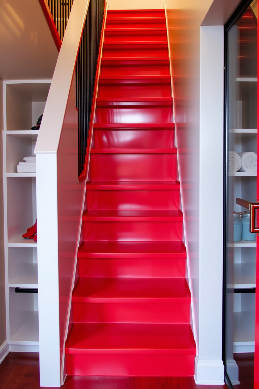 A striking red staircase with sleek built-in storage solutions seamlessly integrated into the design. The bold color of the staircase contrasts beautifully with the surrounding neutral walls, creating a vibrant focal point in the space.