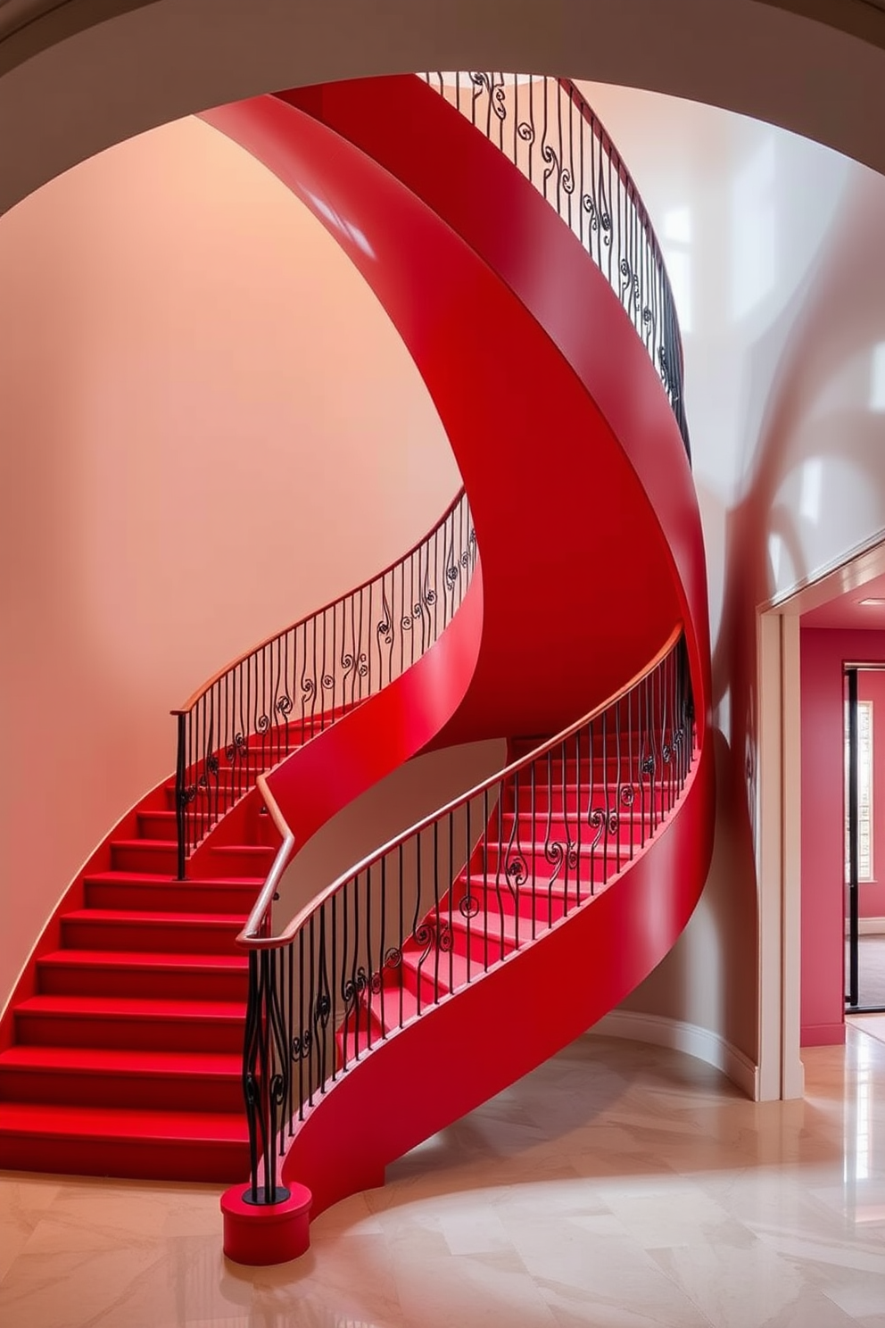 A classic red staircase with white trim cascades elegantly from the upper floor to the entryway below. The rich red hue of the steps contrasts beautifully with the crisp white railing, creating a striking focal point in the home. The staircase is adorned with a plush runner that adds warmth and texture underfoot. Natural light floods the space through large windows, highlighting the vibrant colors and enhancing the overall sophistication of the design.