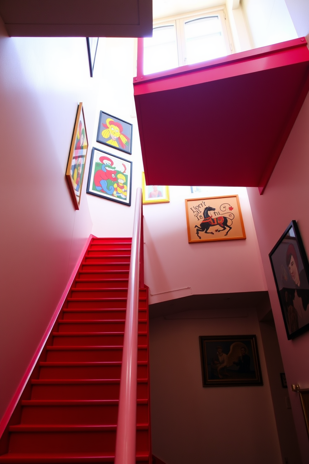 A striking staircase with red stair treads that contrast beautifully against neutral-colored steps. The treads add a bold pop of color while maintaining a sleek and modern aesthetic. The surrounding walls are painted in a soft beige tone, enhancing the vibrancy of the red treads. Natural light floods the space through a nearby window, creating a warm and inviting atmosphere.