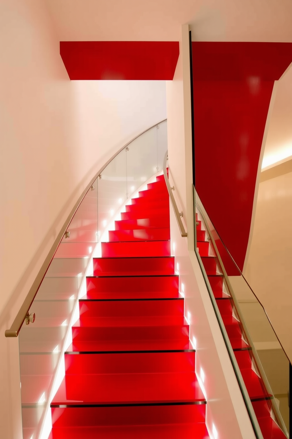 A whimsical red staircase spirals elegantly, featuring playful curves and unique cutouts that invite exploration. The balustrade is adorned with intricate patterns, and the steps are accented with soft, colorful lighting that enhances the cheerful ambiance. Surrounding the staircase, the walls are painted in a light pastel hue, creating a striking contrast with the vibrant red. Potted plants with lush greenery are strategically placed along the staircase, adding a touch of nature and whimsy to the overall design.