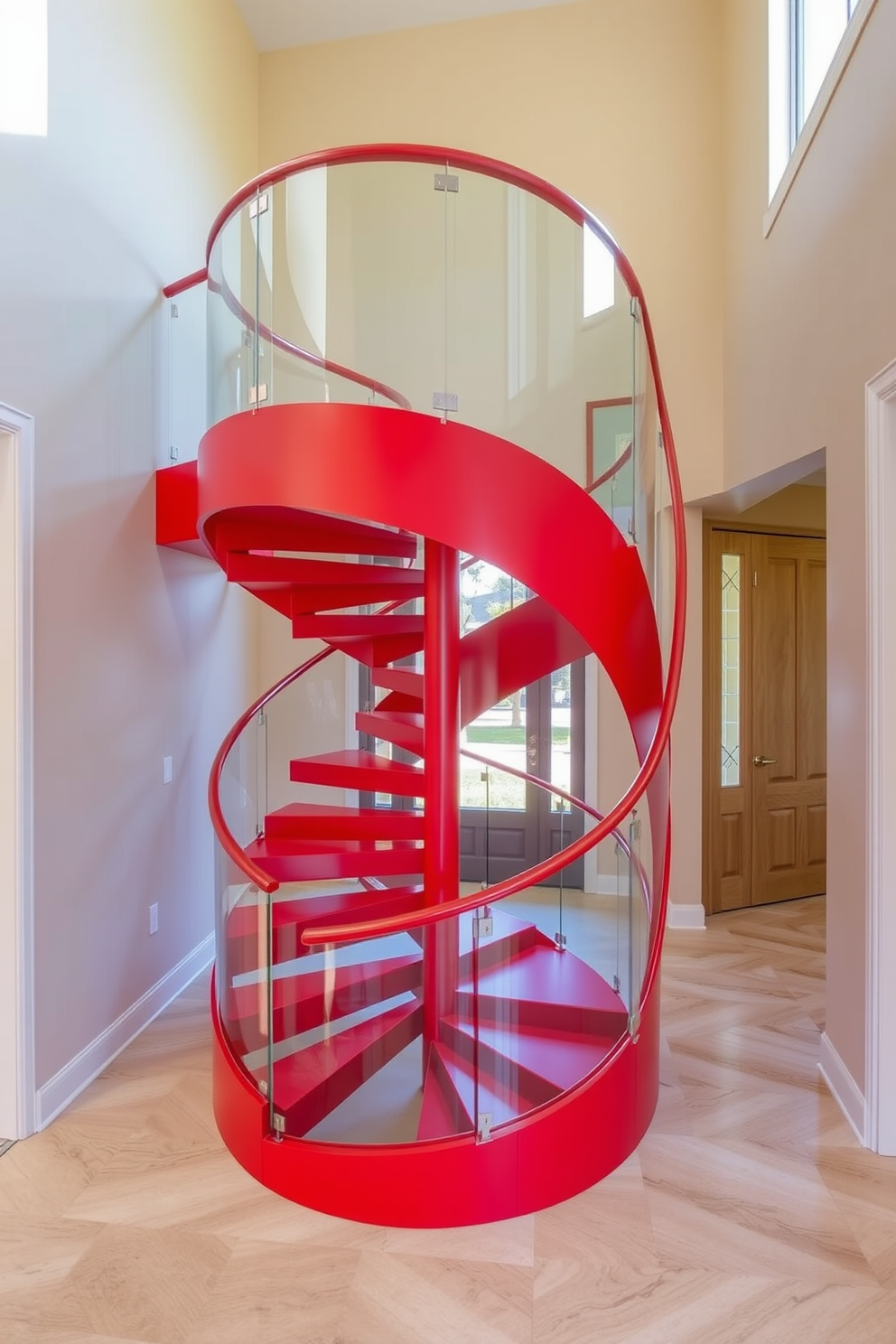 A bold red spiral staircase with a sleek glass railing spirals elegantly upwards, creating a striking focal point in the entryway. The vibrant color of the staircase contrasts beautifully with the neutral tones of the surrounding walls and flooring. This design incorporates modern elements while maintaining a sense of warmth and sophistication. The glass railing enhances the open feel of the space, allowing natural light to flow through and illuminate the staircase.