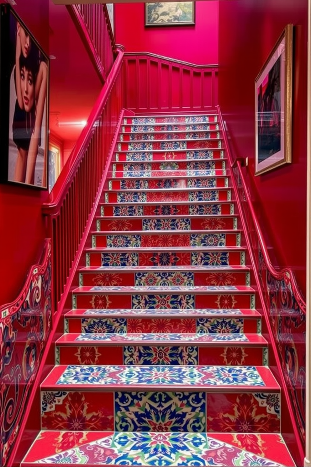 An artistic red staircase features vibrant patterned tiles that create a striking visual impact. The staircase is surrounded by elegant railings that complement the bold color and intricate tile designs. The walls adjacent to the staircase are adorned with contemporary artwork, enhancing the artistic atmosphere. Soft lighting illuminates the staircase, highlighting the textures and colors of the tiles.