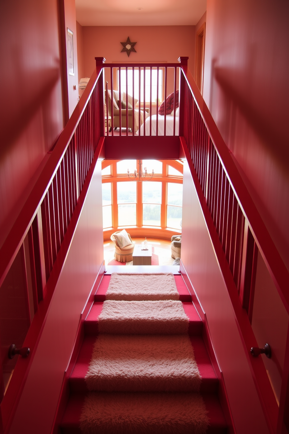 A striking red staircase ascends to a cozy loft space filled with natural light. The staircase features sleek wooden railings and a plush runner that adds warmth to the vibrant red hue. At the top of the staircase, the loft is adorned with soft furnishings and inviting decor. Large windows frame a picturesque view, enhancing the comfort of this intimate retreat.