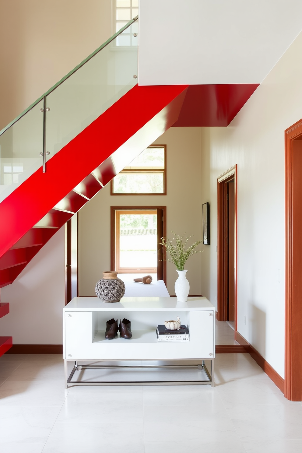 A bold red staircase serves as a striking focal point in a neutral-toned entryway. The surrounding walls are painted in soft beige, allowing the vibrant red to stand out and create a sense of drama. The staircase features sleek, modern lines with a polished wood railing that complements the minimalist aesthetic. Natural light floods the space through large windows, enhancing the warmth of the neutral colors and the richness of the red.