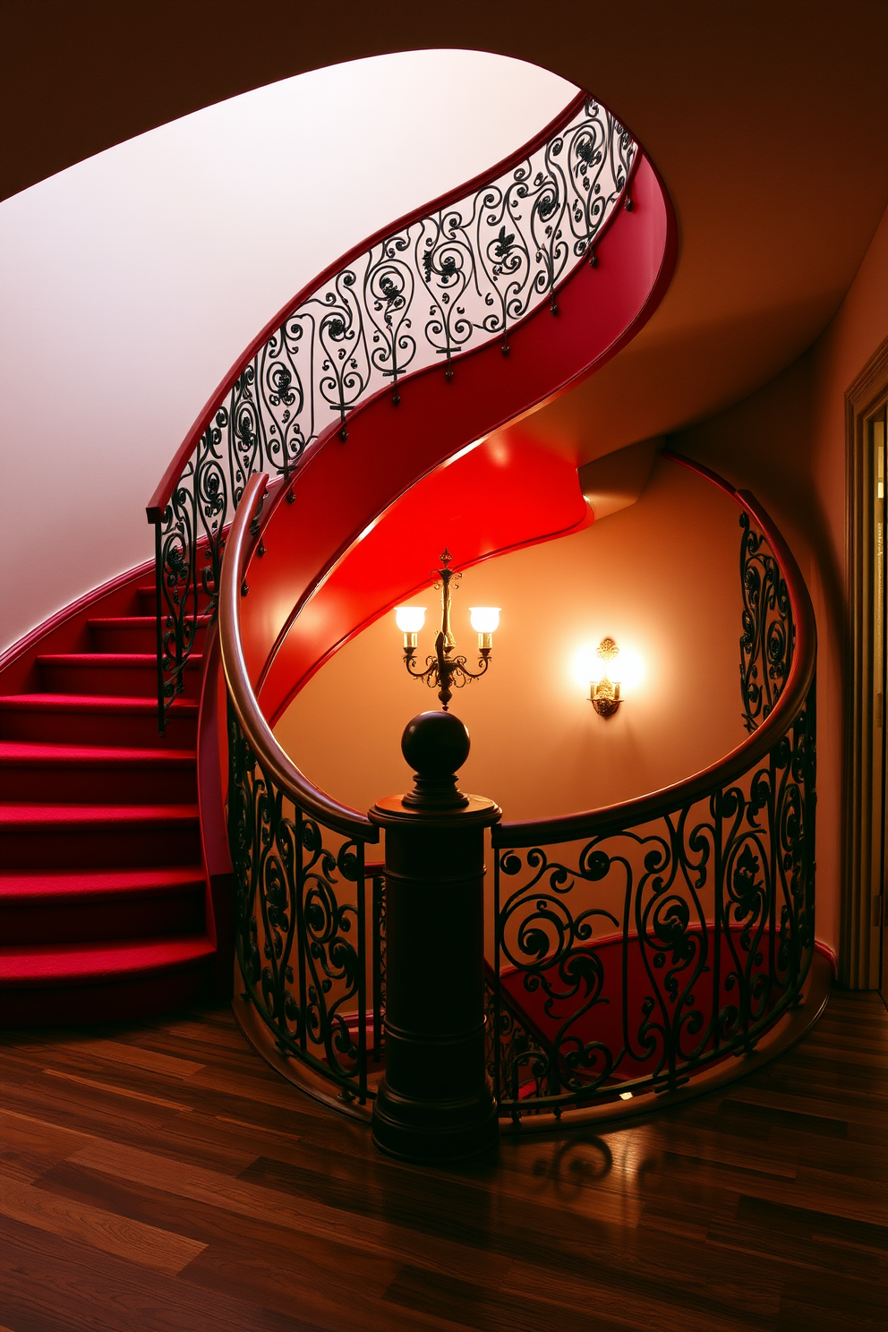 A striking geometric staircase features bold red hues and intricate patterns that captivate the eye. The design combines sharp angles and smooth curves, creating a dynamic focal point in the space. The staircase is complemented by modern railings that enhance its contemporary aesthetic. Surrounding the staircase, the walls are adorned with minimalist art that echoes the vibrant color scheme.