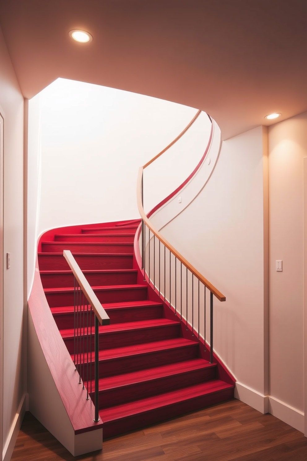 A modern red staircase with a sleek wood finish gracefully curves upwards, creating a striking focal point in the entryway. The walls surrounding the staircase are painted in a crisp white, enhancing the vibrant red of the steps and the rich tones of the wood. The staircase features minimalist metal railings that complement the contemporary aesthetic. Soft lighting from recessed fixtures illuminates the staircase, casting warm shadows that accentuate its elegant design.