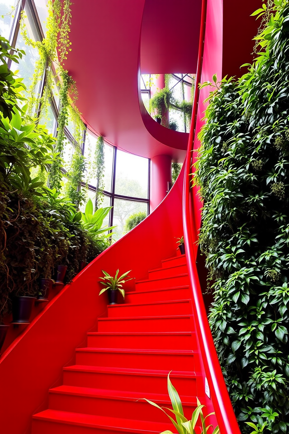 A striking red staircase elegantly curves upward, surrounded by vibrant, lush greenery that creates a serene atmosphere. The staircase features sleek, modern railings, and the greenery includes a variety of plants that cascade down the sides, enhancing the bold color of the stairs.