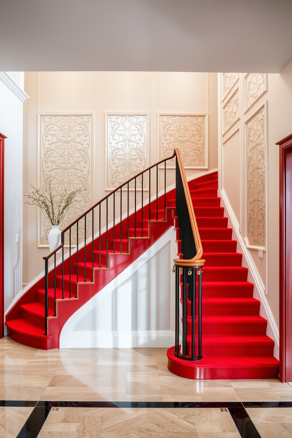 A stylish red staircase features elegant decorative wall panels that enhance its visual appeal. The bold hue of the staircase contrasts beautifully with the surrounding neutral tones, creating a striking focal point in the entryway. The decorative wall panels are intricately designed, adding texture and depth to the space. Soft lighting highlights the staircase, casting gentle shadows that accentuate its curves and details.