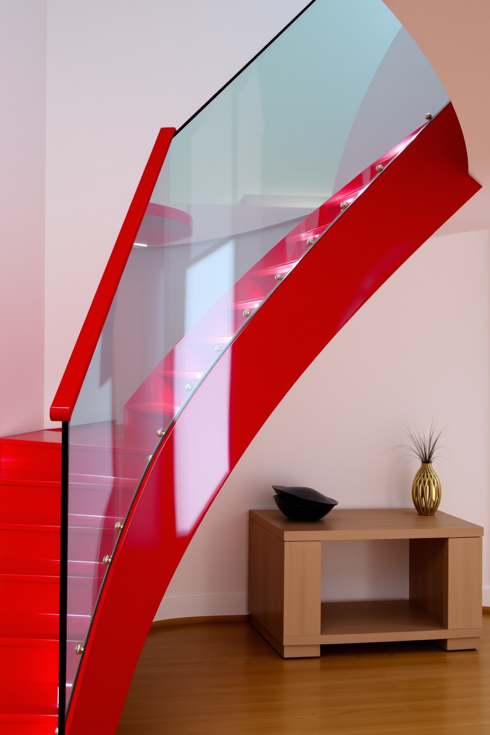 A striking red staircase with sleek lines and a contemporary design. The steps are finished in a high-gloss red paint, complemented by a minimalist glass railing that enhances the modern aesthetic. The staircase features integrated LED lighting along the edges, creating a dramatic effect in the evening. Below, a stylish console table in a neutral tone adds functionality without overwhelming the vibrant color.