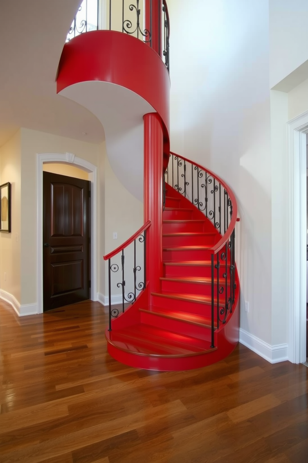 A striking staircase that combines a bold red color with natural wood elements. The steps are painted in a vibrant red, while the handrail and supporting structure feature rich, warm wood tones. The staircase is illuminated by soft lighting that highlights the contrast between the red and natural wood. Surrounding the staircase, a minimalist design enhances its dramatic presence in the space.