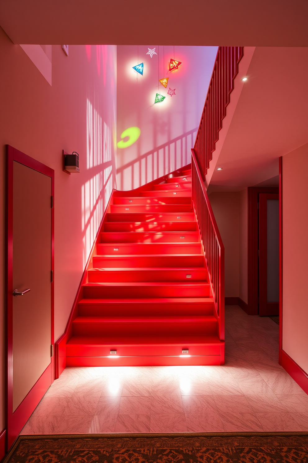 A vibrant red staircase serves as a stunning focal point in an eclectic decor setting. The staircase features unique patterns and textures, complemented by an array of colorful artwork adorning the walls. Surrounding the staircase, a mix of vintage furniture and contemporary pieces creates a dynamic atmosphere. Potted plants and decorative accents add liveliness and warmth to the overall design.