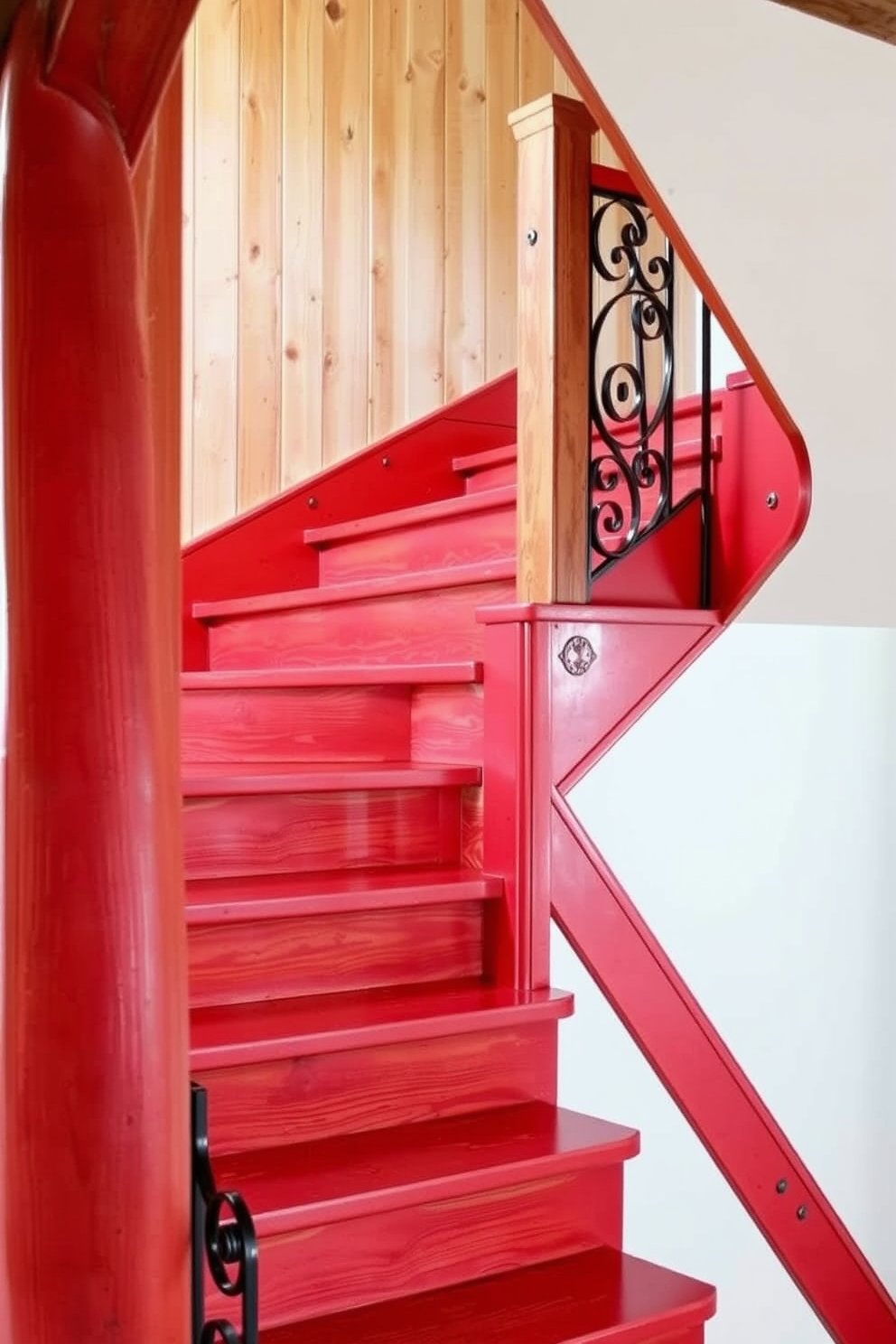 A rustic wooden staircase features a bright red finish that contrasts beautifully with the natural wood grain. The staircase is adorned with wrought iron railings that add an elegant touch to its bold color.