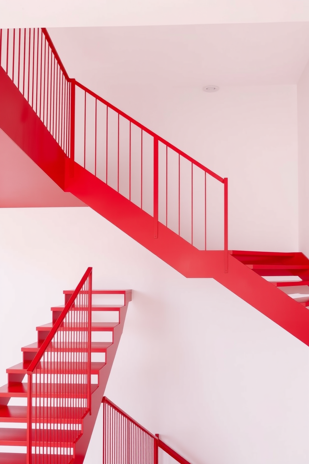 A minimalist red staircase features sleek, clean lines that create a striking focal point in the space. The bold red color adds a vibrant touch while maintaining an uncluttered aesthetic. The staircase is designed with open risers, allowing light to flow through and enhancing the sense of openness. Simple metal railings complement the design, providing safety without detracting from the minimalist appeal.