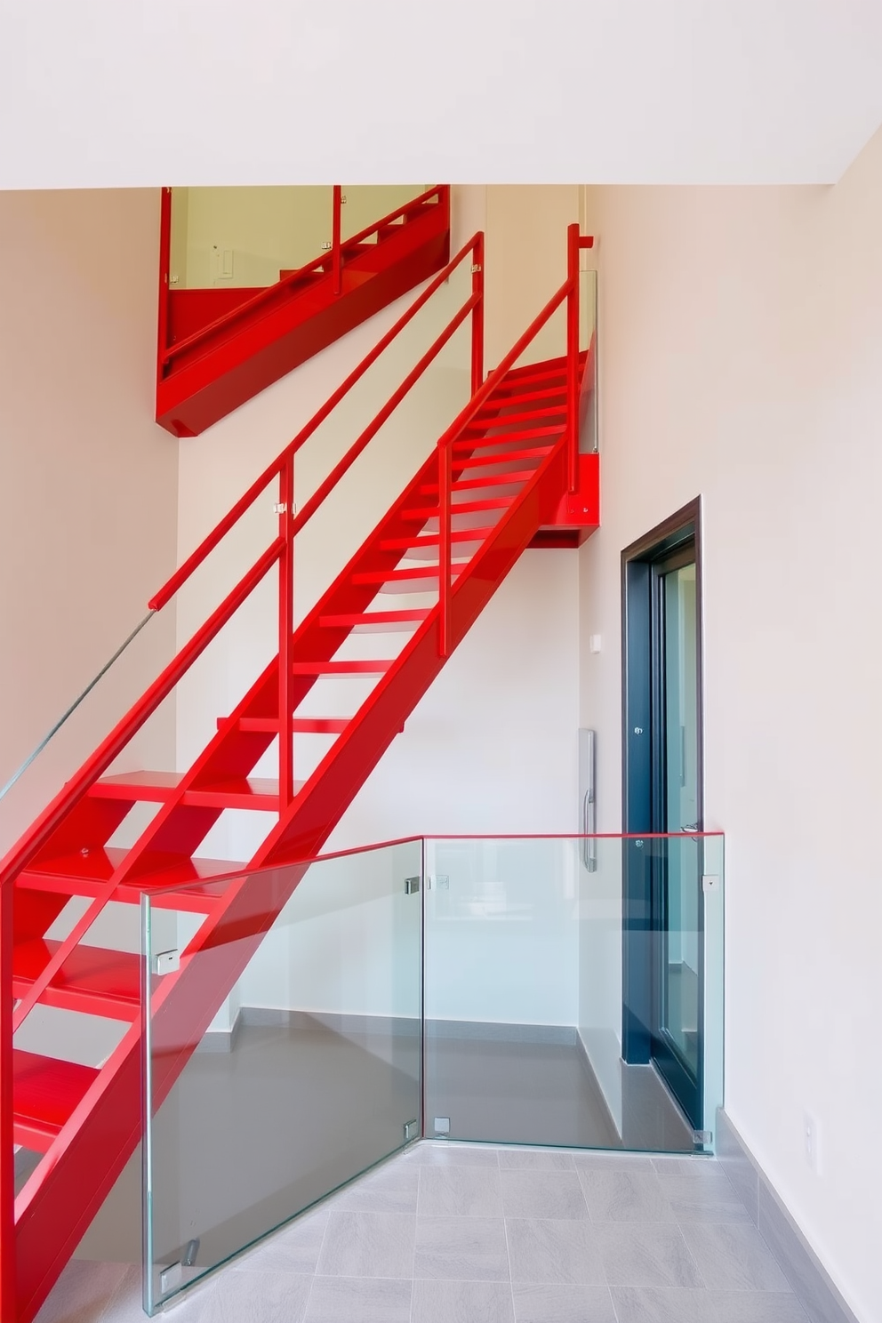 A stunning two-tone staircase featuring rich red treads that create a bold contrast against a light-colored riser. The staircase is elegantly framed by a sleek wooden banister, enhancing the overall aesthetic of the space.