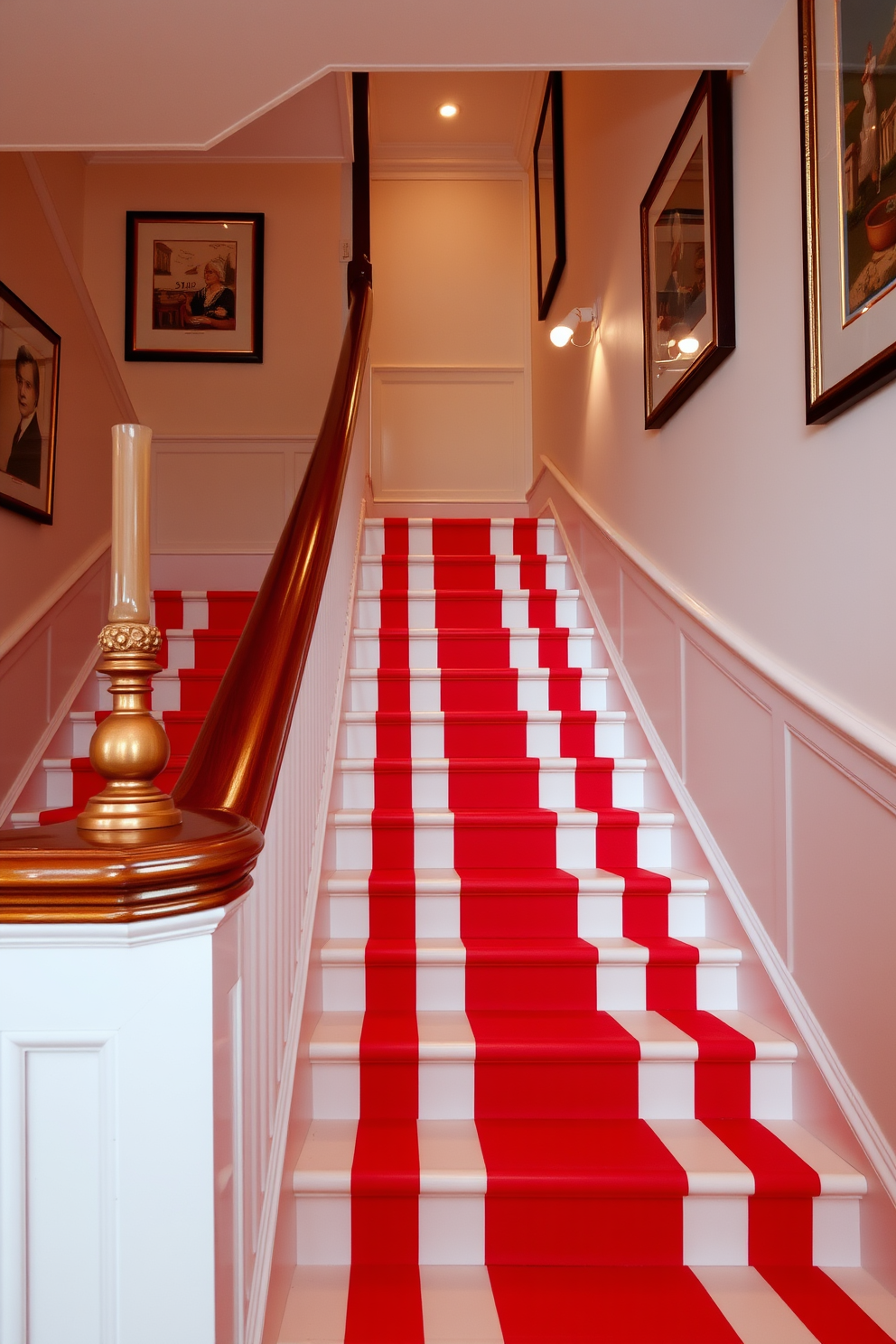 A luxurious red carpet runner gracefully drapes down a polished wooden staircase, enhancing the elegance of the space. The rich hue of the carpet contrasts beautifully with the warm tones of the wood, creating a striking visual appeal. The staircase features intricate wooden railings that complement the classic design of the runner. Soft lighting highlights the textures of both the carpet and the wood, adding warmth and sophistication to the overall atmosphere.