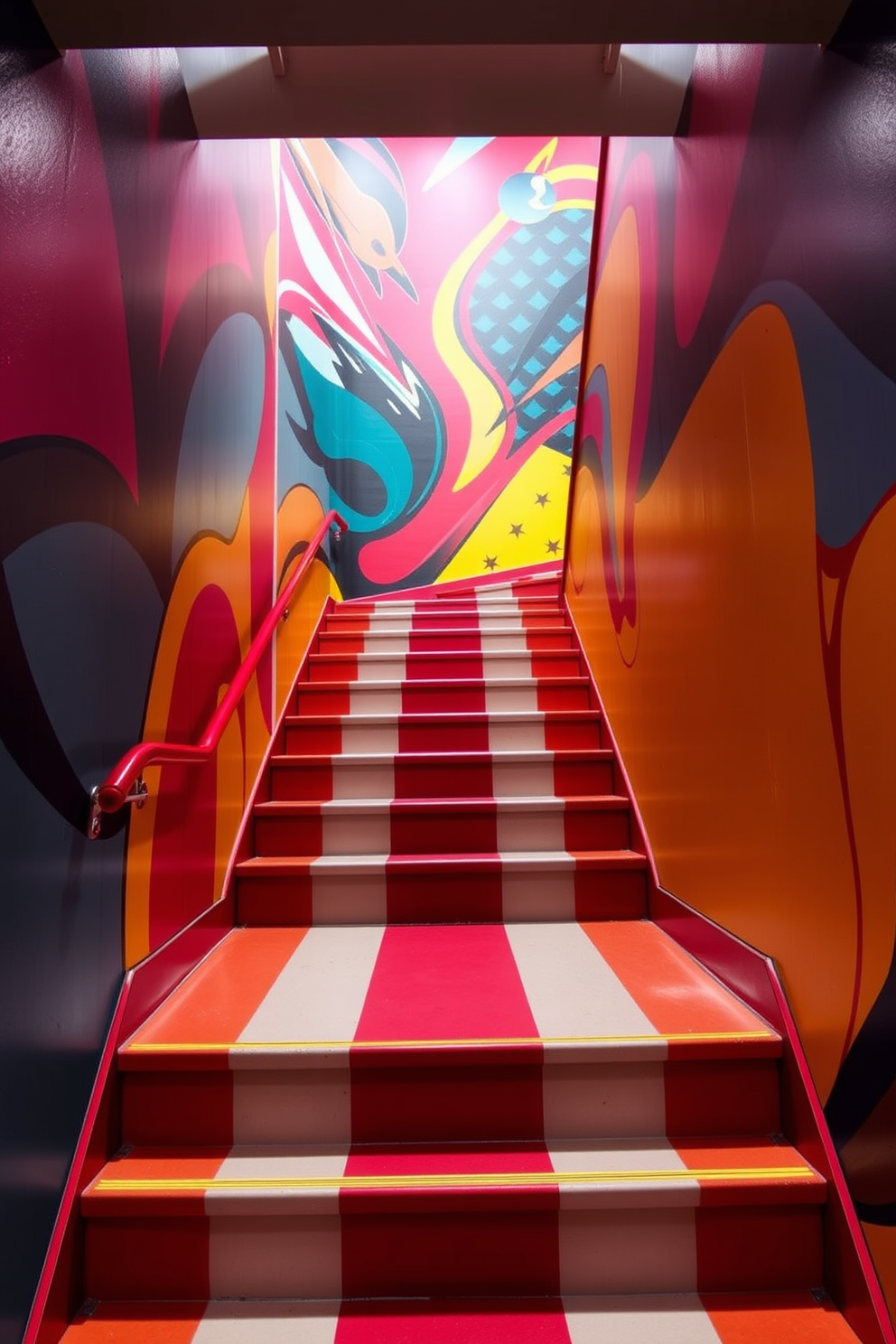 A vibrant red staircase ascends gracefully, featuring a striking artistic mural that wraps around the wall. The mural showcases an abstract design with bold colors, creating a dramatic focal point that enhances the staircase's allure.