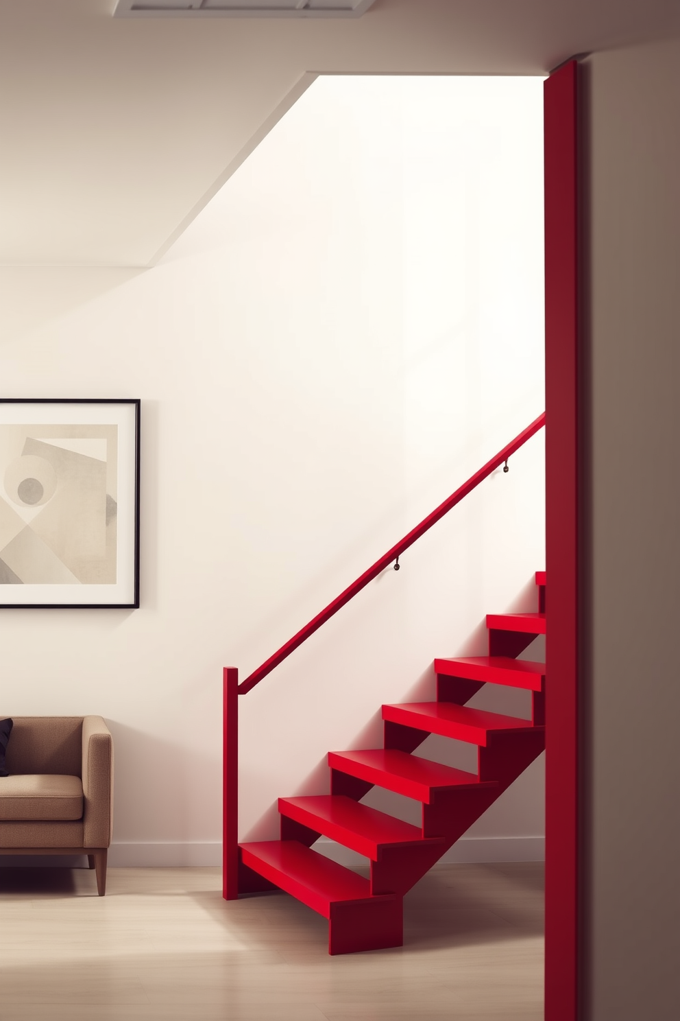 A chic red staircase with minimalist decor features sleek, straight lines and a modern railing. The vibrant red color contrasts beautifully with the surrounding neutral walls and flooring, creating a striking focal point in the space. The staircase is complemented by minimalistic artwork hanging nearby, enhancing the contemporary aesthetic. Simple, understated furniture at the base of the stairs invites a sense of openness and elegance.