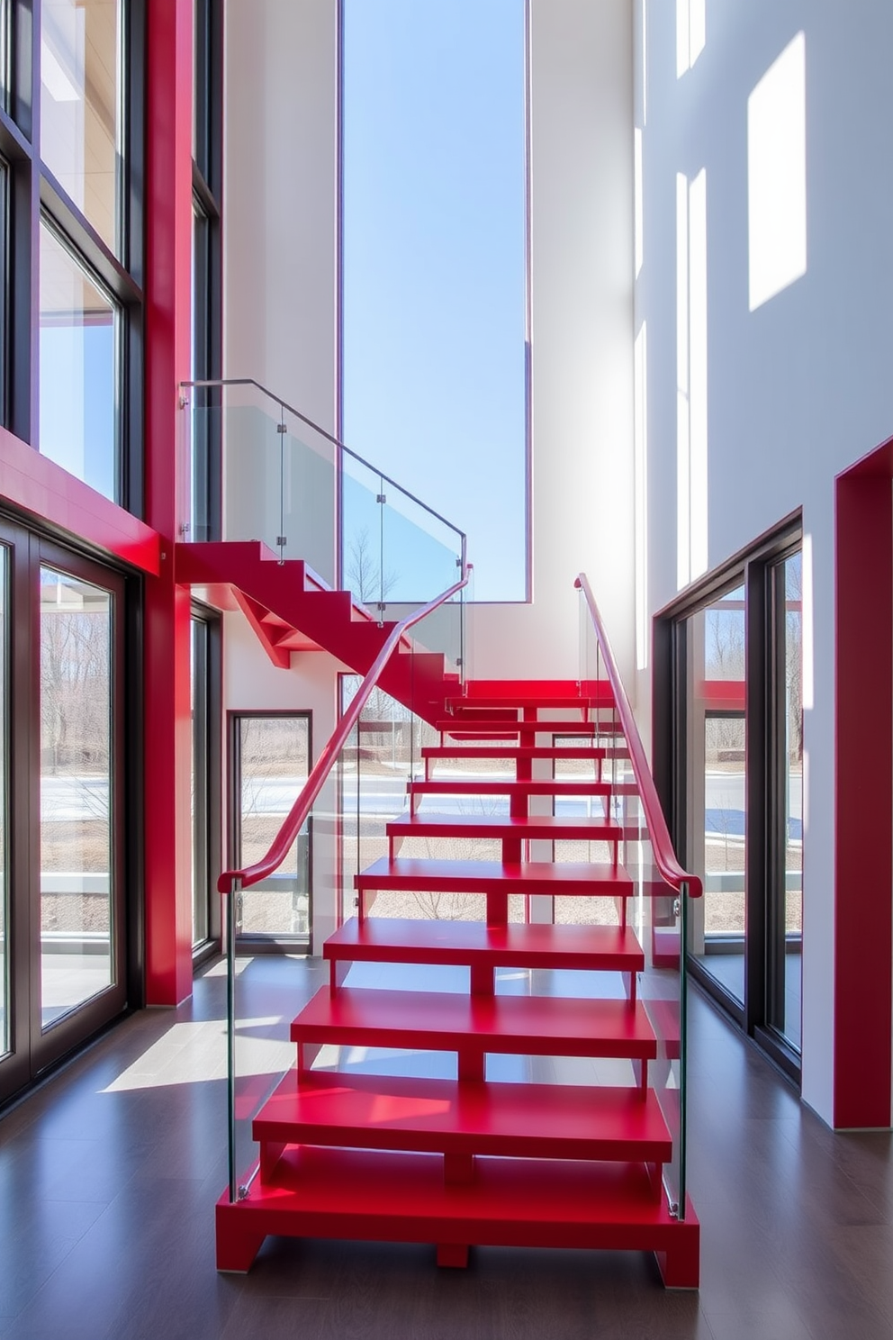 A contemporary red staircase features a sleek design with a striking glass railing that adds elegance and modernity. The vibrant red hue of the staircase creates a bold focal point in the space, inviting attention and enhancing the overall aesthetic.