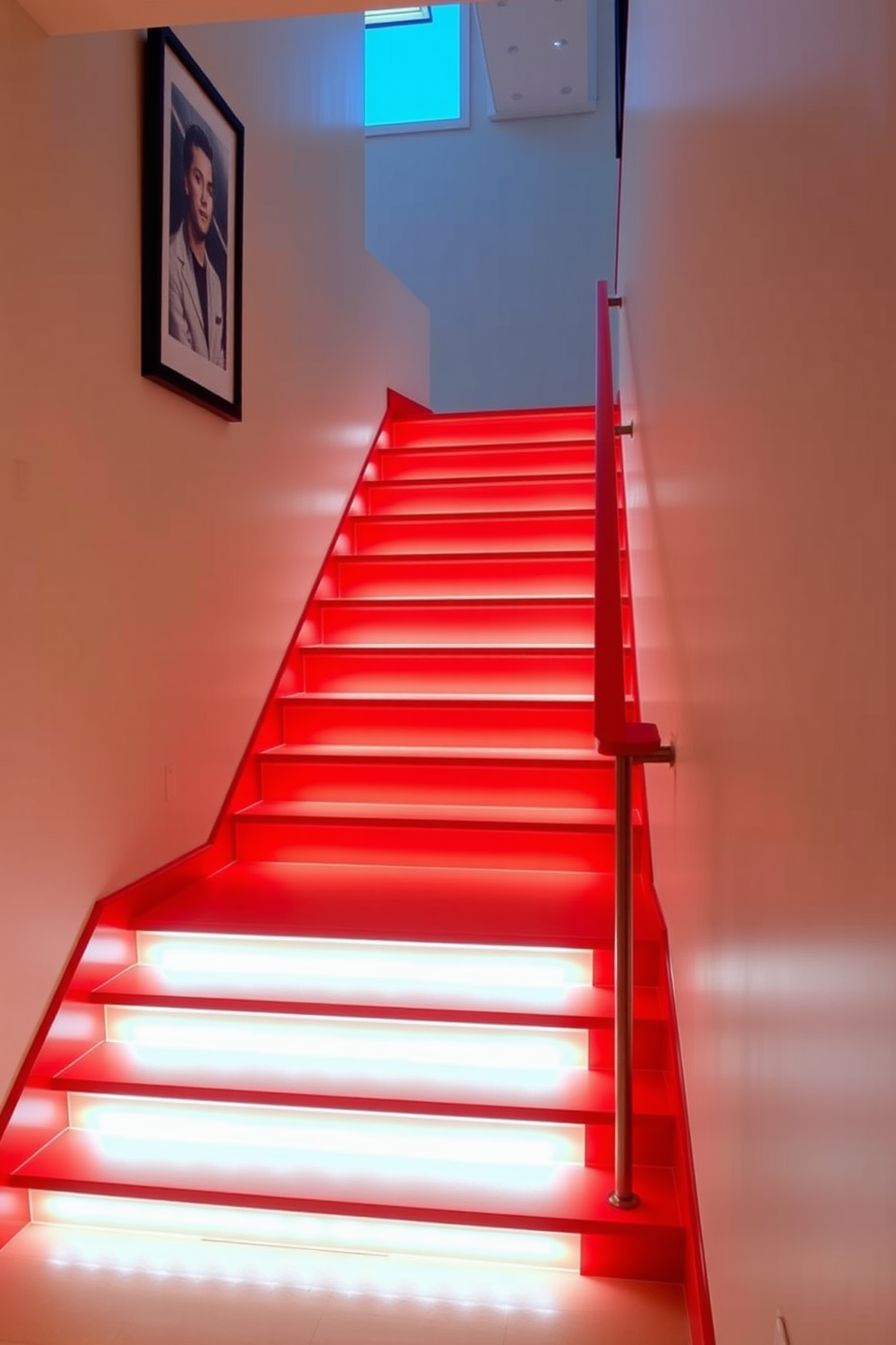 A striking red staircase features integrated LED lighting that illuminates each step, creating a dramatic focal point in the entryway. The sleek design combines modern aesthetics with functionality, enhancing the overall ambiance of the space. The vibrant red hue contrasts beautifully with the surrounding neutral walls, drawing attention to the staircase as a centerpiece. The soft glow of the LED lighting adds a touch of sophistication, making the staircase not only a means of access but also a work of art.