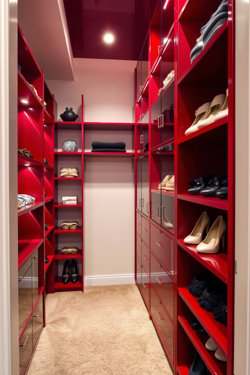 Elegant ruby red shelving units create a stunning focal point in the walk-in closet. The shelves are arranged in a modern layout, showcasing a variety of accessories and shoes in an organized manner. The walk-in closet features plush carpeting in a neutral tone that complements the vibrant red shelves. Soft, ambient lighting highlights the space, enhancing the luxurious atmosphere and making it easy to find your favorite outfits.