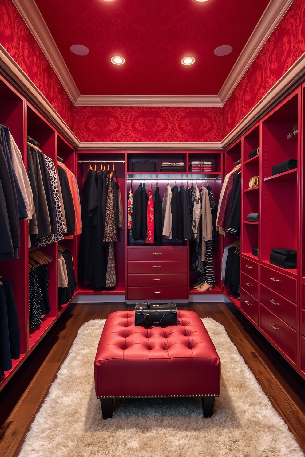 Luxurious red wallpaper with intricate patterns adorns the walls of the walk-in closet, creating a bold and elegant atmosphere. The space features custom shelving and hanging areas, designed to showcase an extensive collection of clothing and accessories. Soft, ambient lighting highlights the rich tones of the wallpaper, while a plush area rug adds warmth underfoot. A stylish ottoman sits in the center, providing a comfortable spot for dressing and accessorizing.