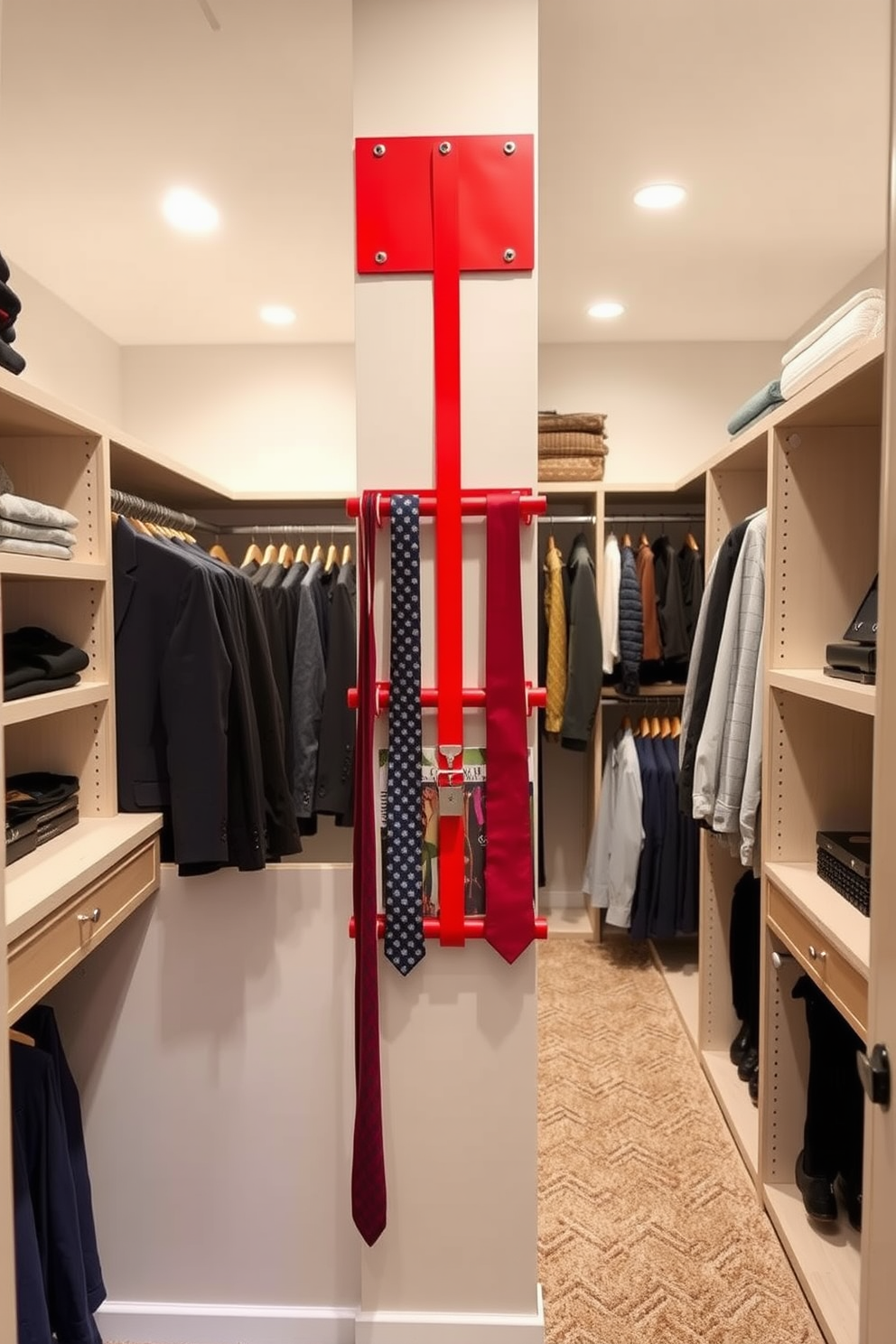 A functional red tie and belt rack is mounted on the wall, providing easy access to accessories while adding a pop of color to the space. The racks are made of sleek metal with a modern design, ensuring durability and style in the walk-in closet. The walk-in closet features ample shelving and hanging space, with a plush carpet underfoot for comfort. Soft lighting illuminates the area, highlighting the organized racks and creating an inviting atmosphere for getting dressed.