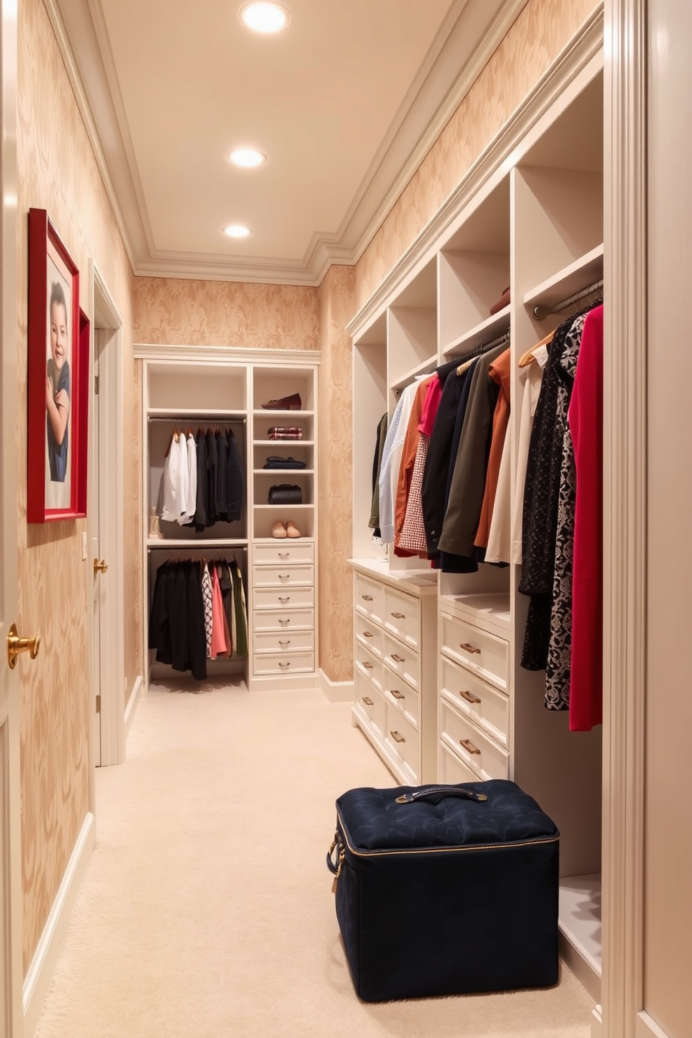 A luxurious walk-in closet designed with elegance in mind. The walls are adorned with soft beige wallpaper, and the floors are covered in plush cream carpeting. Red framed art pieces hang on the walls, adding a personal touch and vibrancy to the space. Custom shelving and hanging areas are thoughtfully arranged to maximize storage while maintaining an aesthetic appeal.