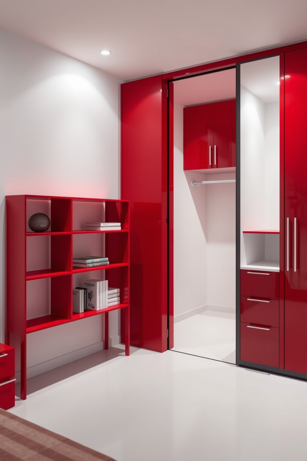 A minimalist red shelving unit stands against a white wall, showcasing a few select decorative items and books. The clean lines and bold color create a striking contrast, emphasizing simplicity and functionality. The walk-in closet features sleek red cabinetry with ample storage space, designed for easy organization. Soft lighting illuminates the space, highlighting the minimalist aesthetic and creating an inviting atmosphere.