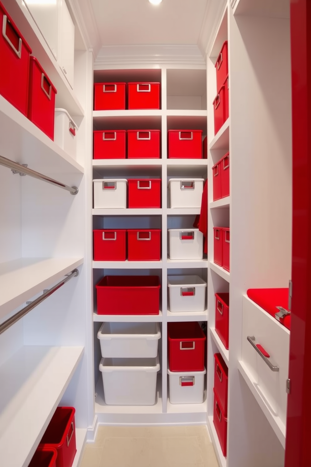 A luxurious walk-in closet featuring red and white contrasting storage bins arranged neatly on shelves. The walls are painted in a soft white hue, enhancing the vibrant red accents and creating a striking visual contrast.